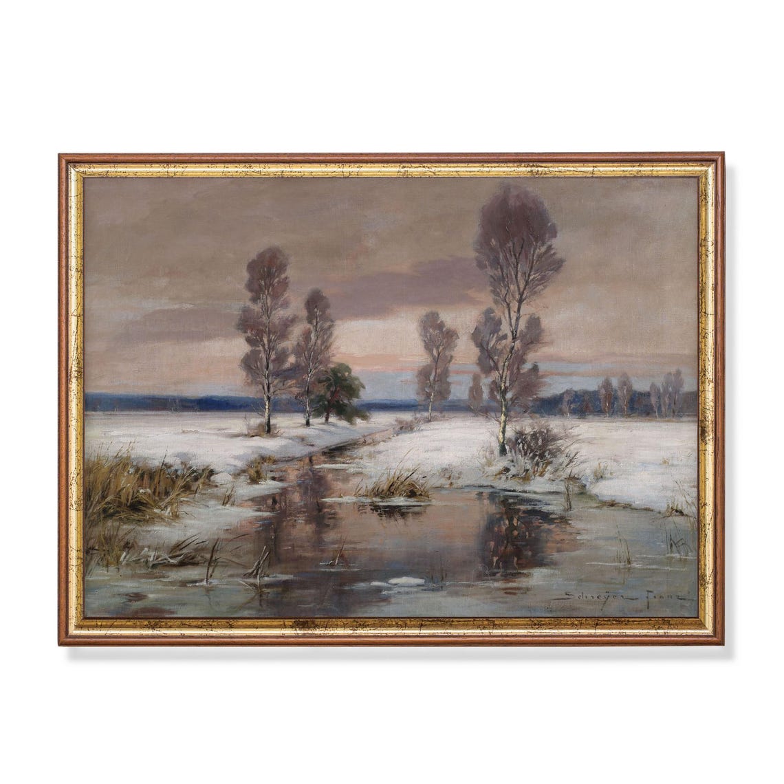 Birch Trees Snowy Stream Dusk Winter Landscape Signed Art Poster