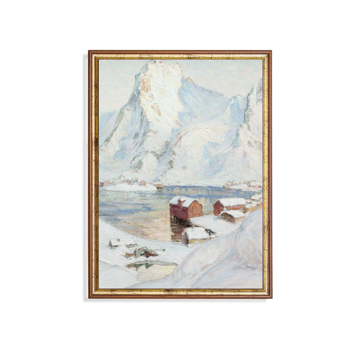Snowy Mountain Village with Red Cabins by Water Vintage Winter Poster