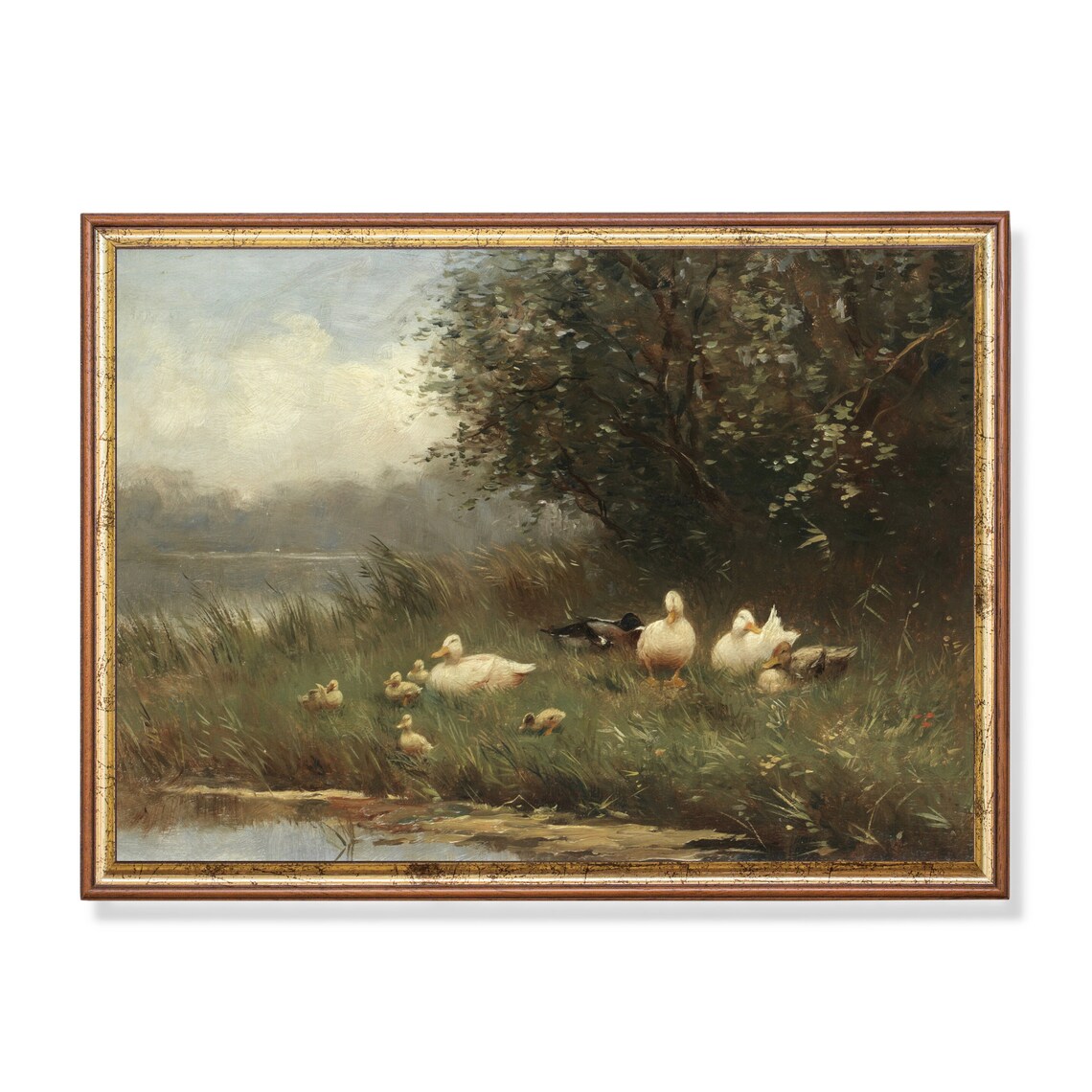 Vintage Duck and Ducklings Painting, Rustic Bird Print