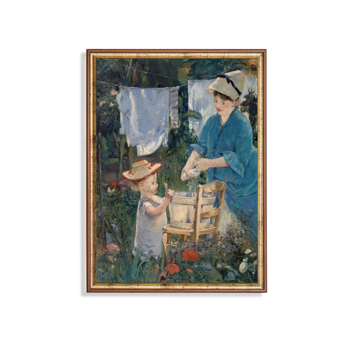 Mother and Child Hanging Laundry in a Garden Impressionist Poster