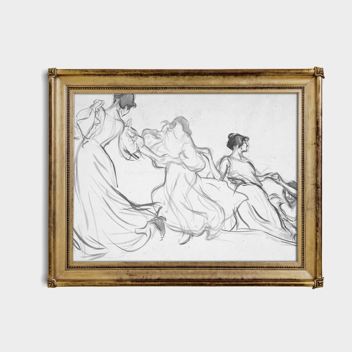 Three Dancing Women Flowing Dresses Ink Sketch Vintage Figure Study Print - Image 2