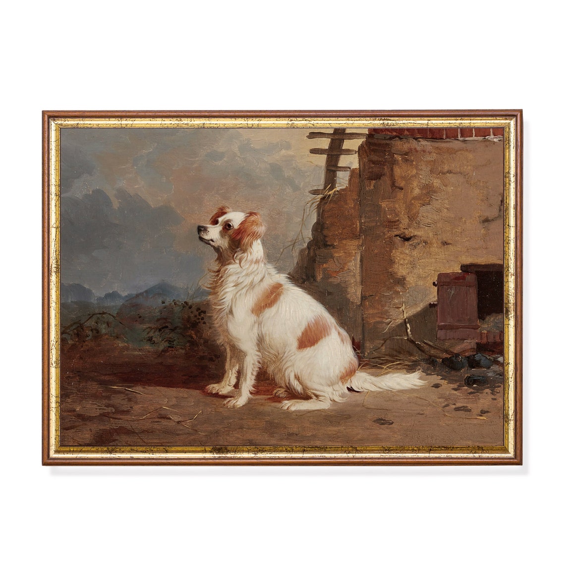 Vintage Cavalier Spaniel by Old Stone Wall Rustic Dog Portrait Poster