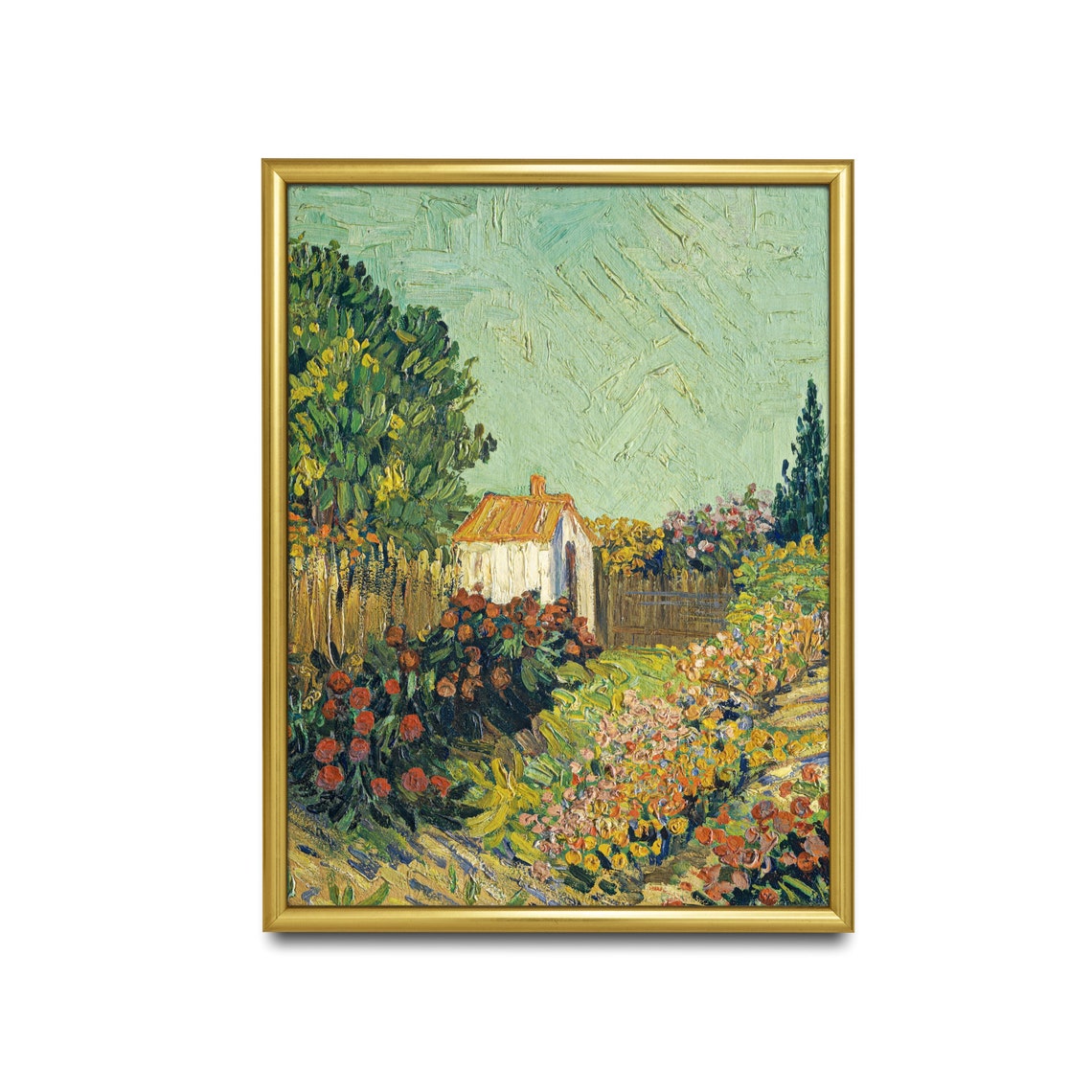 Post-Impressionist Flower Garden with White Cottage Vintage Wall Art