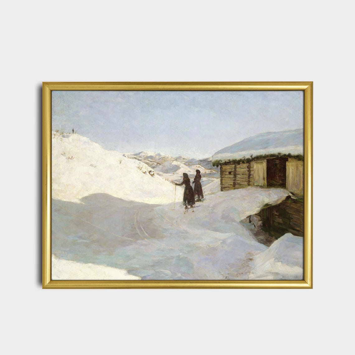 Two Small Figures in Snow by a Wooden Hut Minimal Winter Poster - Image 2