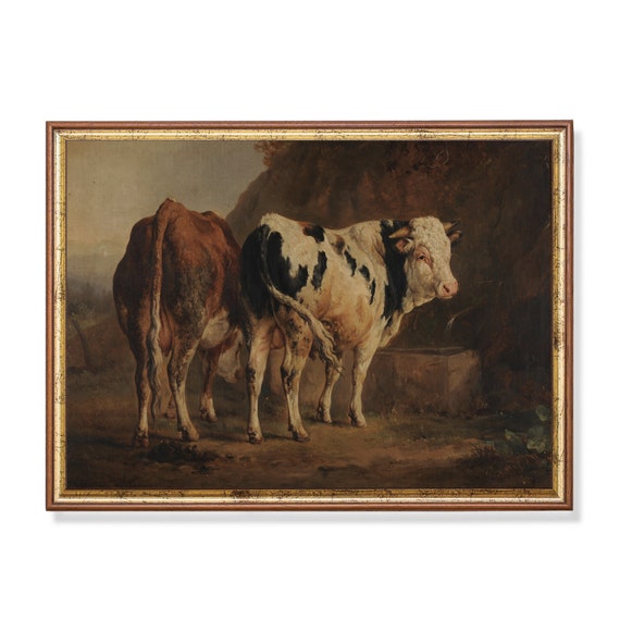Printed And Shipped Vintage Cow And Bull Painting Antique Animal Print Farmhouse Decor Moody Rustic Art Fine Art Physical Prints
