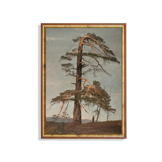 Vintage Landscape Painting Antique Pine Trees Rustic Print Wall Art Farmhouse Decor Fine Art Print