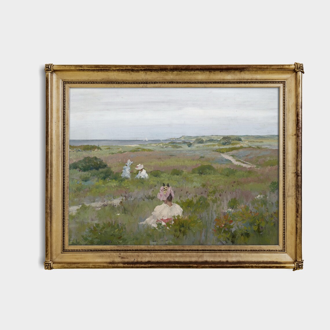 Women in White Dresses on a Coastal Meadow Vintage Seaside Poster - Image 3