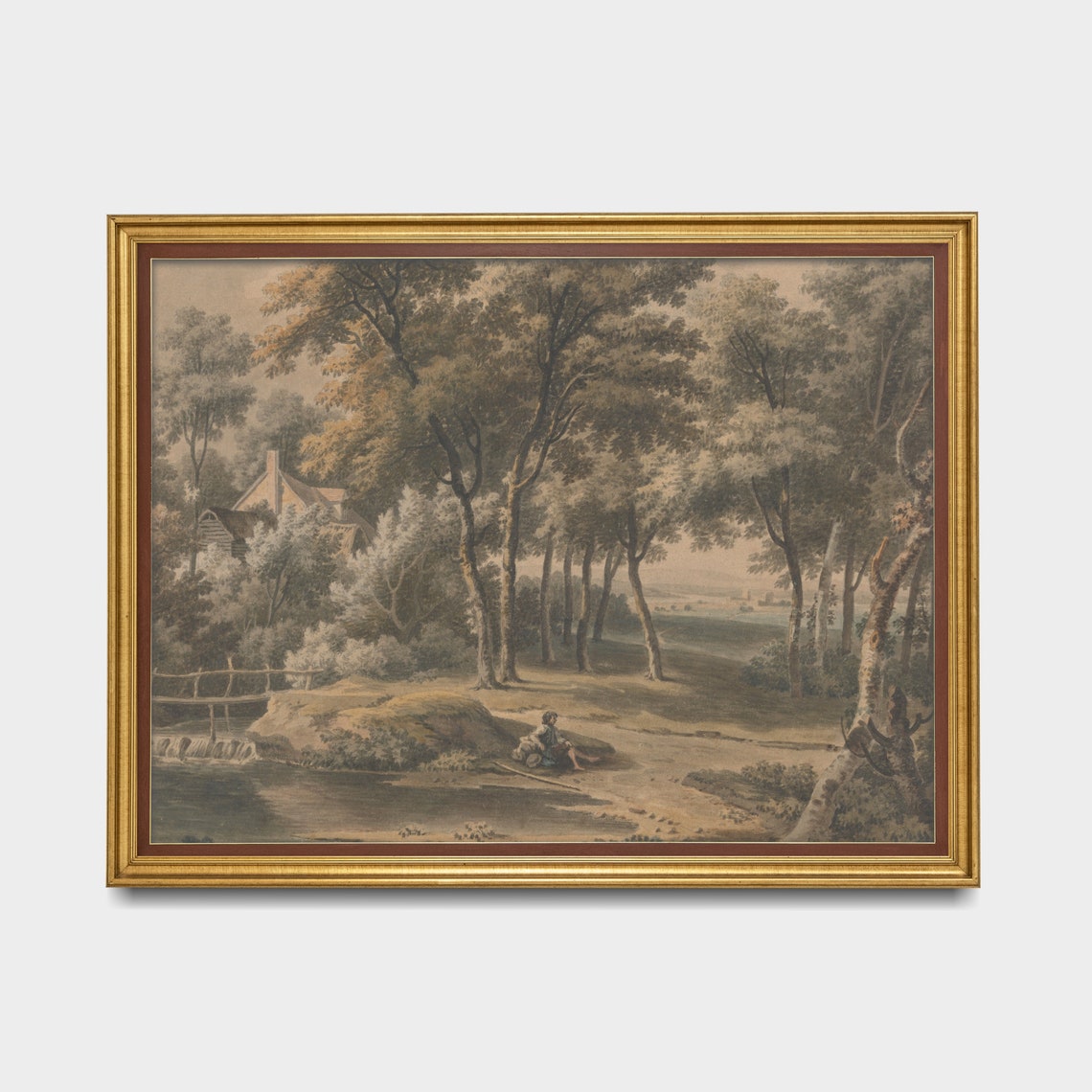 Boy Resting by the River Bridge Vintage Countryside Sketch Art Poster - Image 3