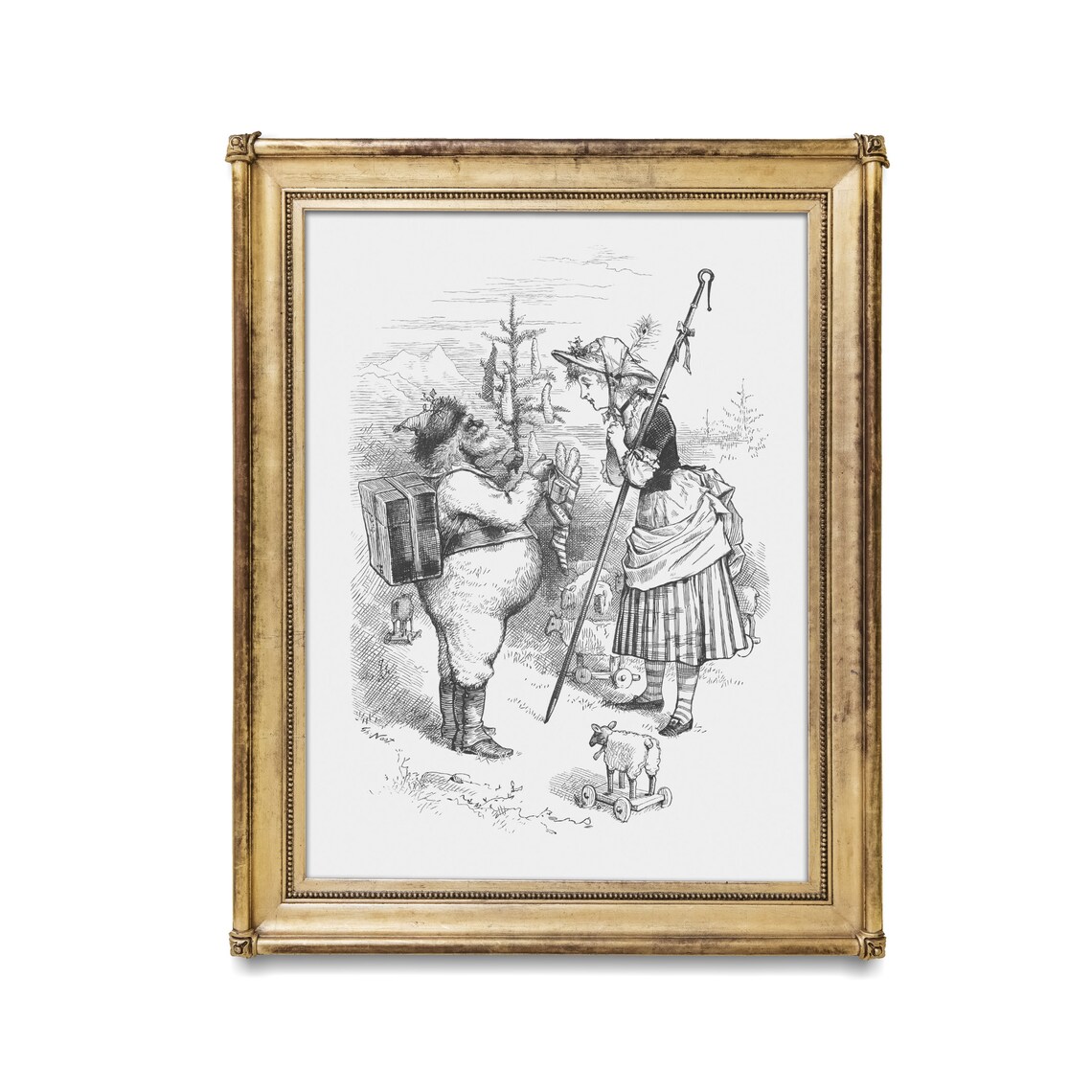 Santa Claus with a Toy Pack Meeting a Girl Vintage Engraving Poster - Image 2