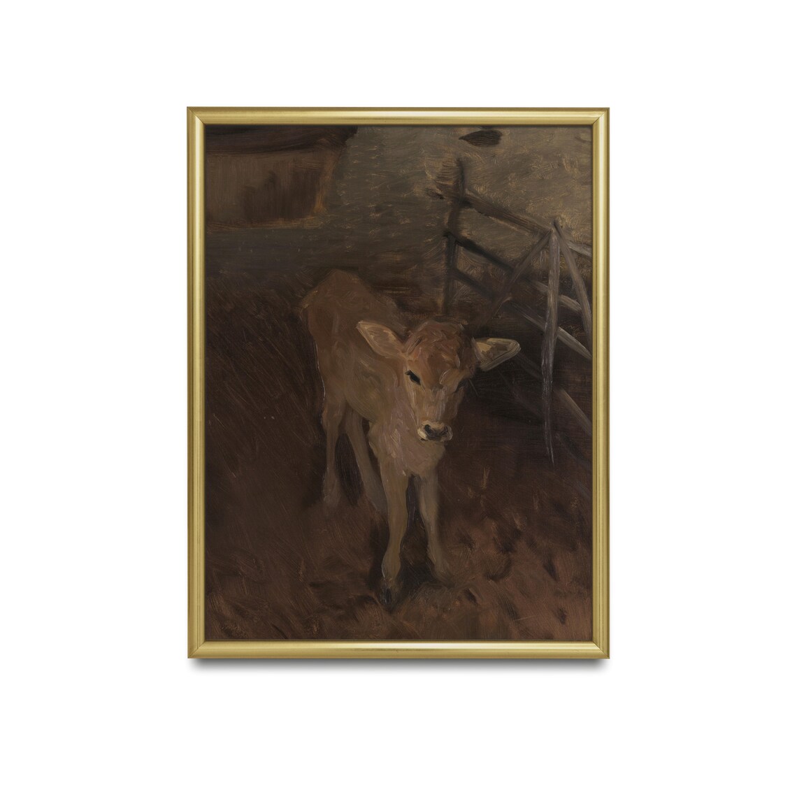 Young Calf Standing in a Dark Rustic Barn Vintage Farm Poster - Image 2