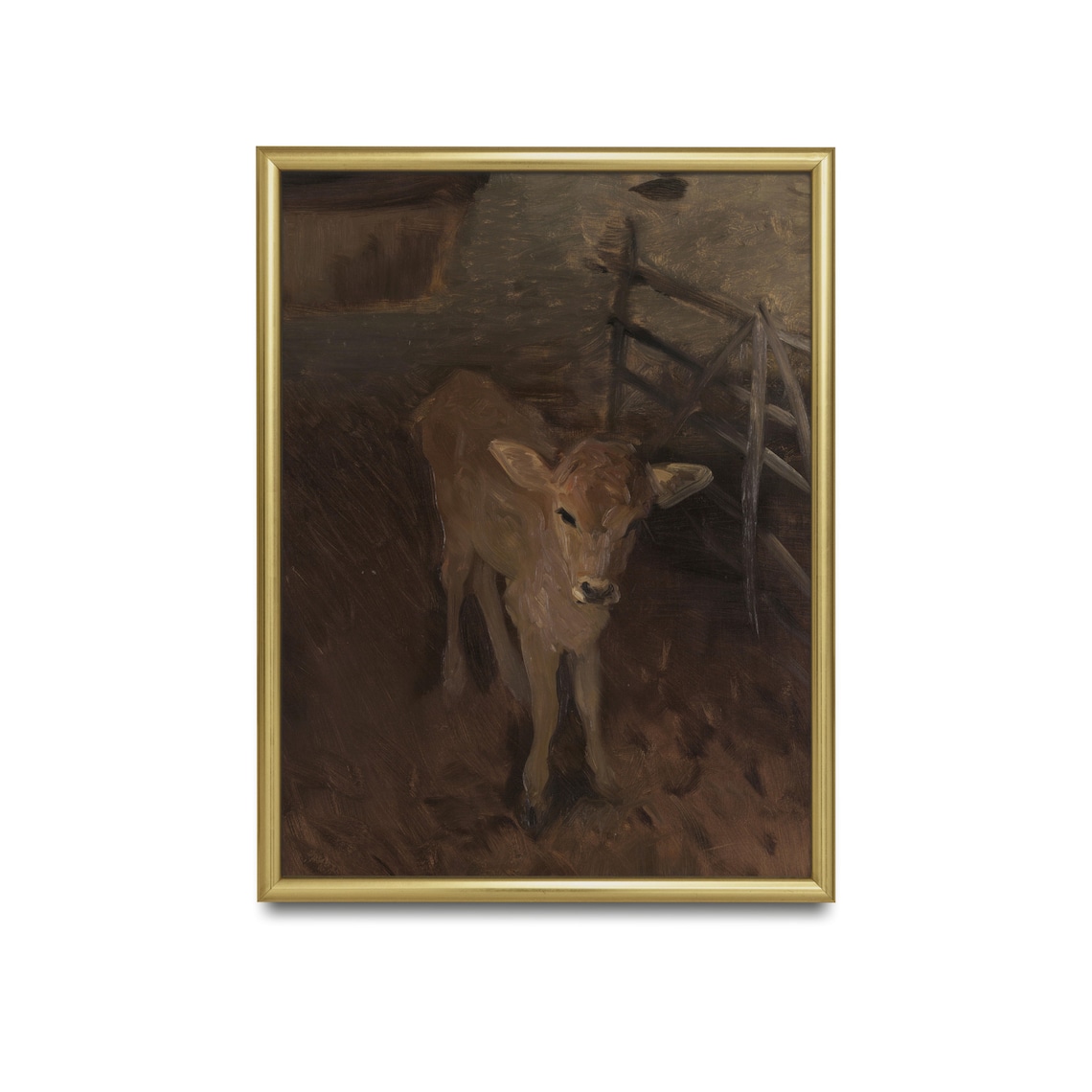 Young Calf Standing In Dark Barn Moody Vintage Farm Art Poster - Image 2