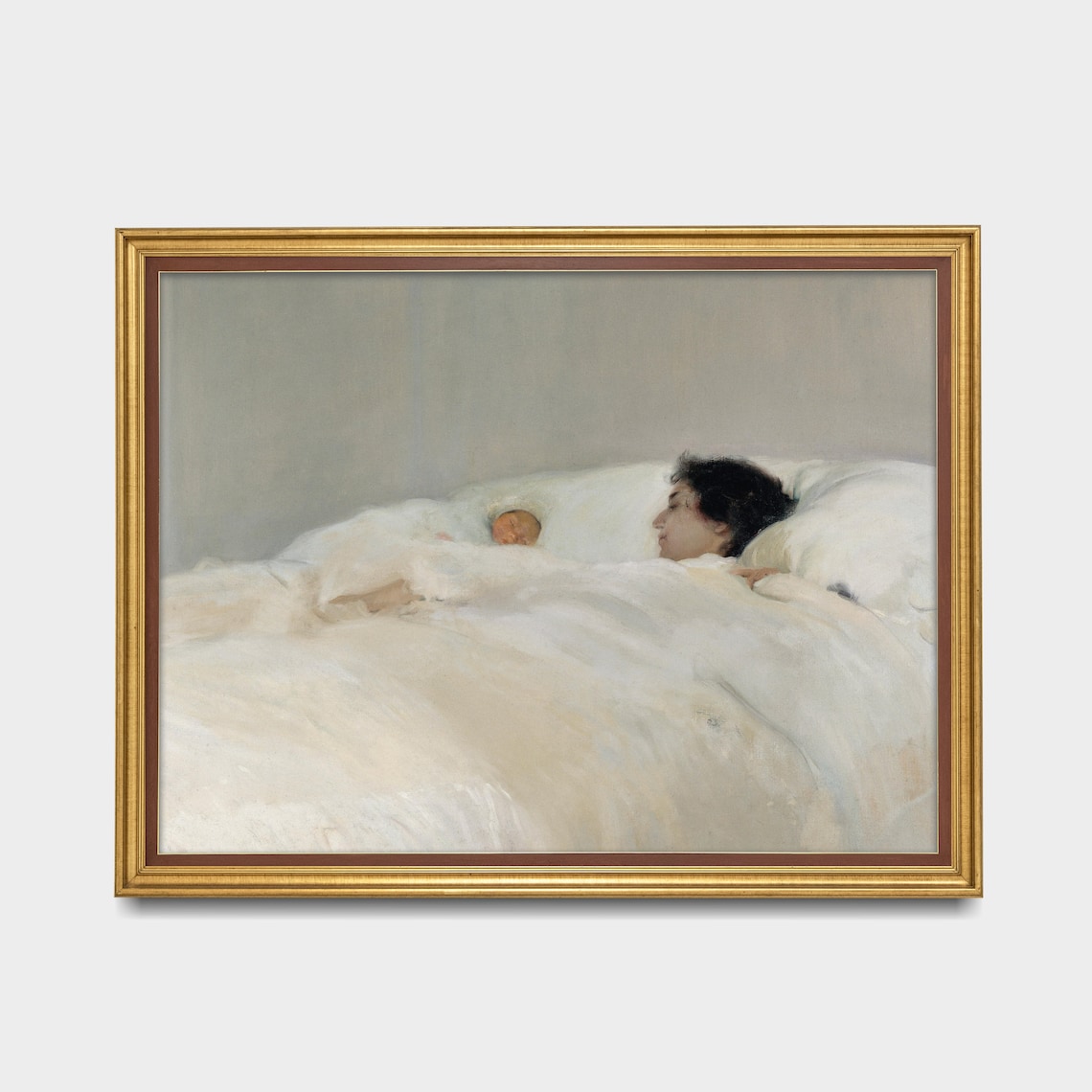Tender Mother and Baby Resting in White Bed Vintage Nursery Art Poster - Image 3
