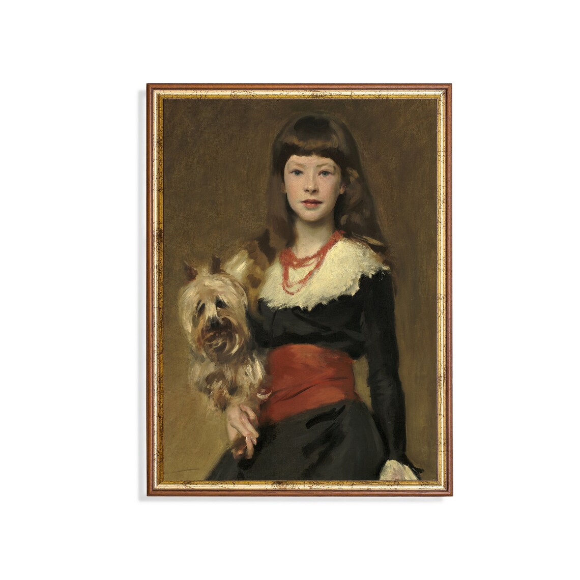 Young Girl Holding a Terrier Dog With a Coral Necklace Poster