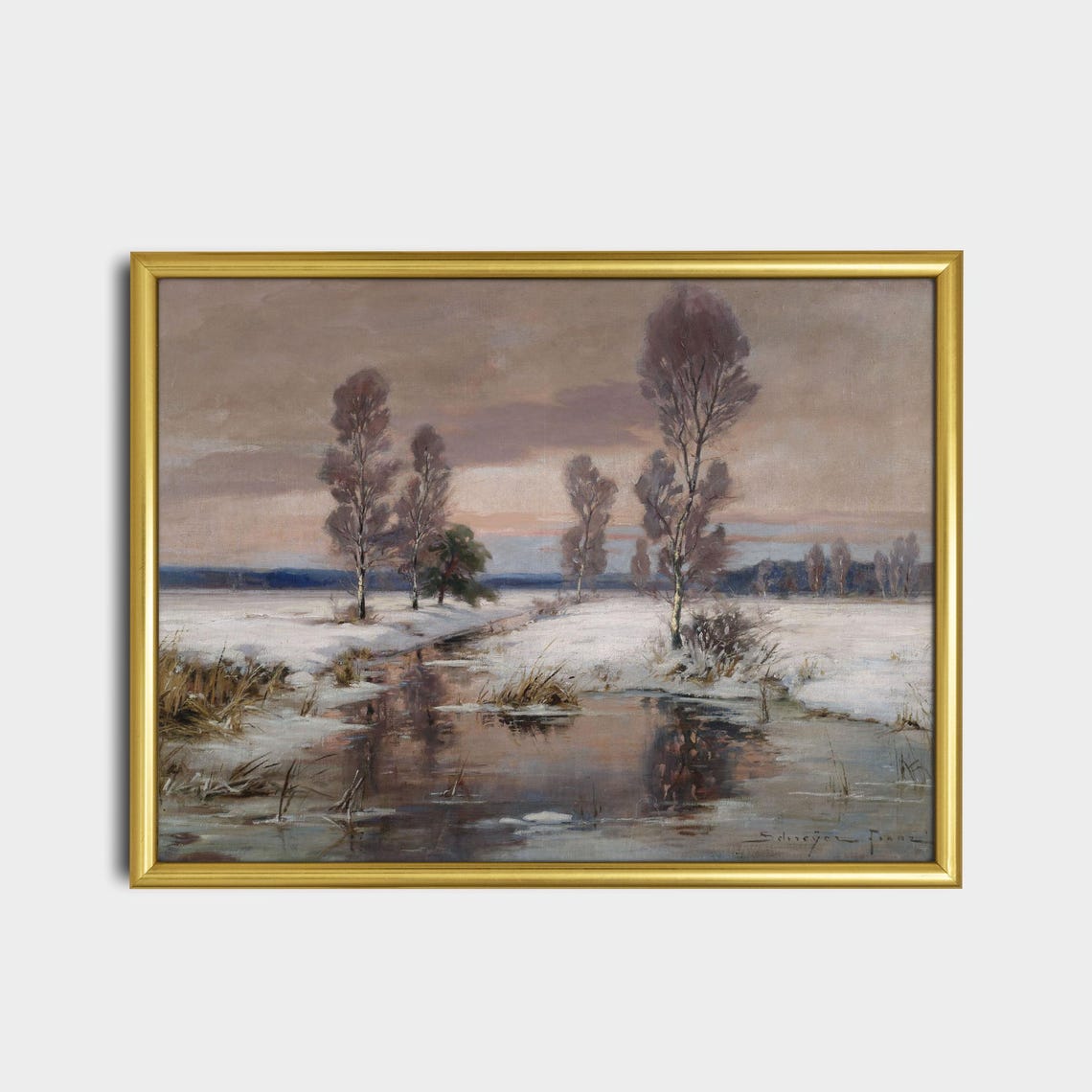 Birch Trees Snowy Stream Dusk Winter Landscape Signed Art Poster - Image 2