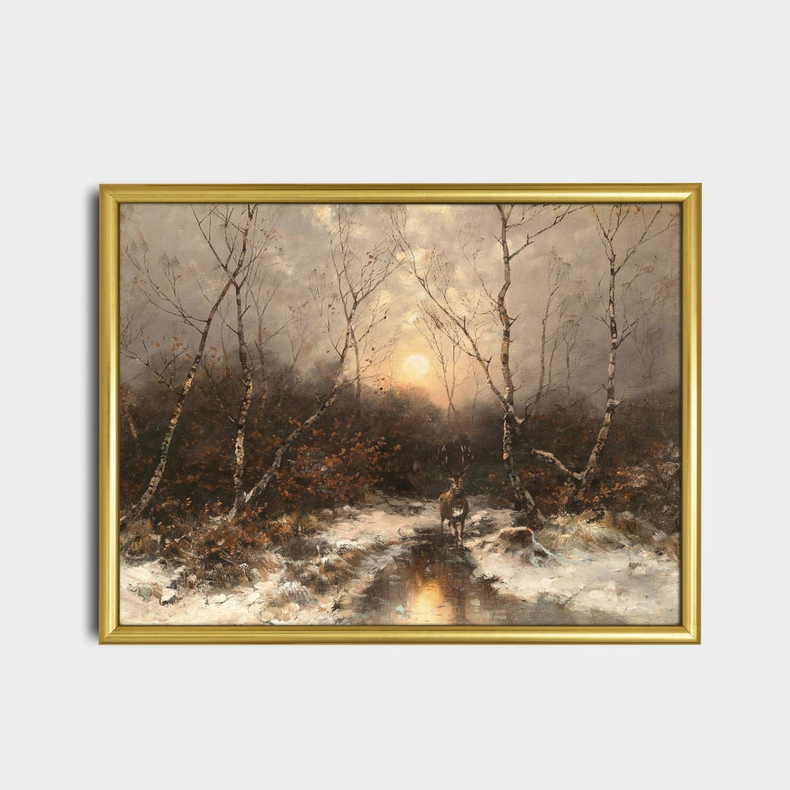 Stag In A Snowy Birch Forest At Moonlight Vintage Art Poster - Image 2