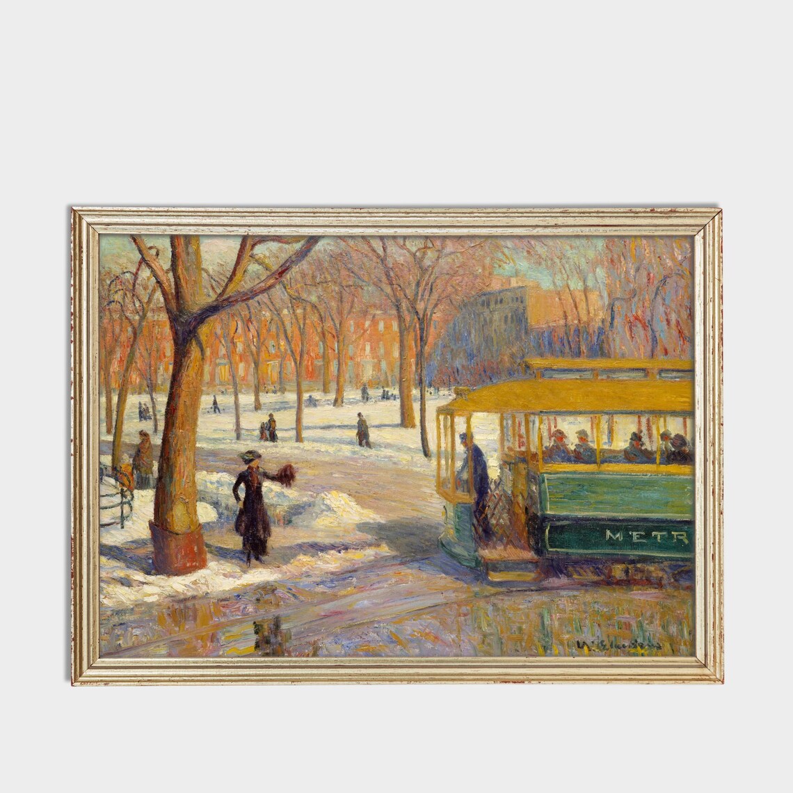 Green Tram in Snowy Park Vintage Streetcar Impressionist Poster - Image 3