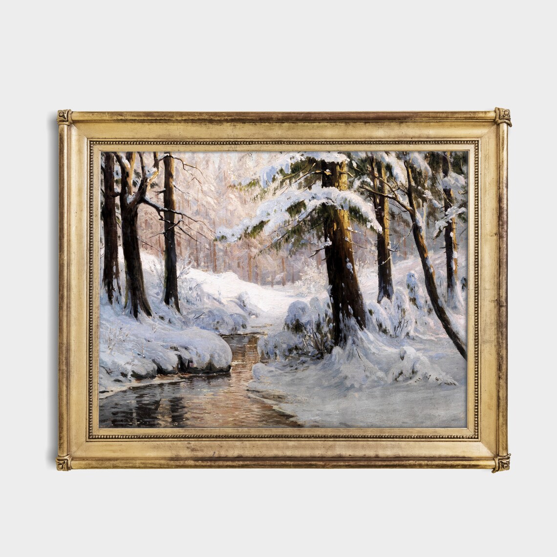 Snowy Forest Stream at Sunrise Vintage Winter Woodland Poster - Image 2