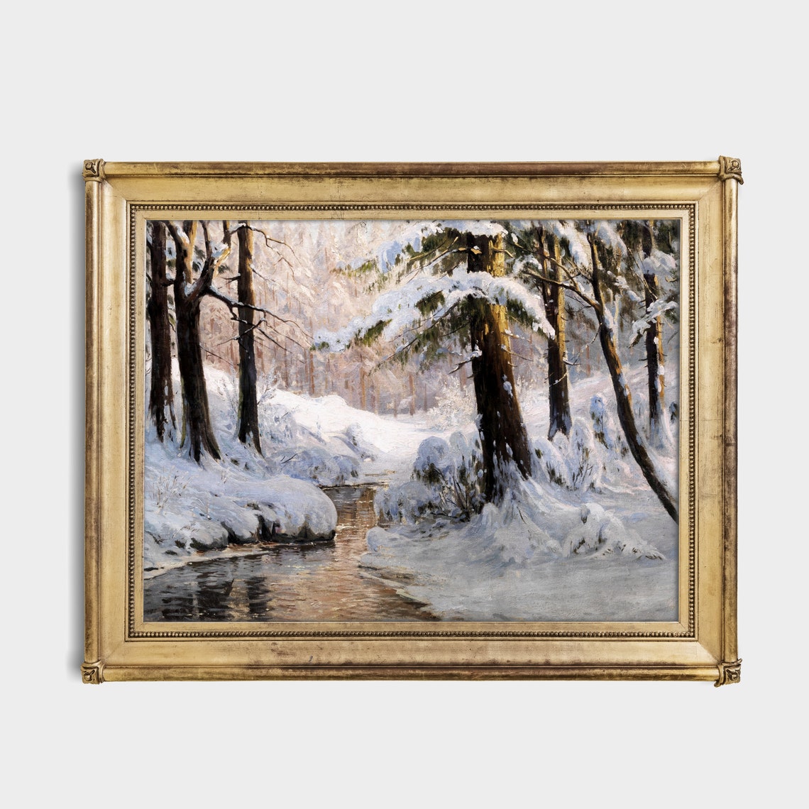 Sunlit Snowy Pine Forest With a Winding Winter Stream Poster - Image 2