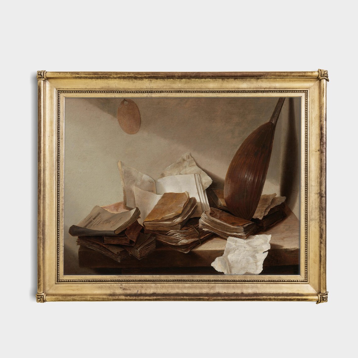 Old Books Papers and a Lute on a Shelf Antique Trompe lOeil Poster - Image 2
