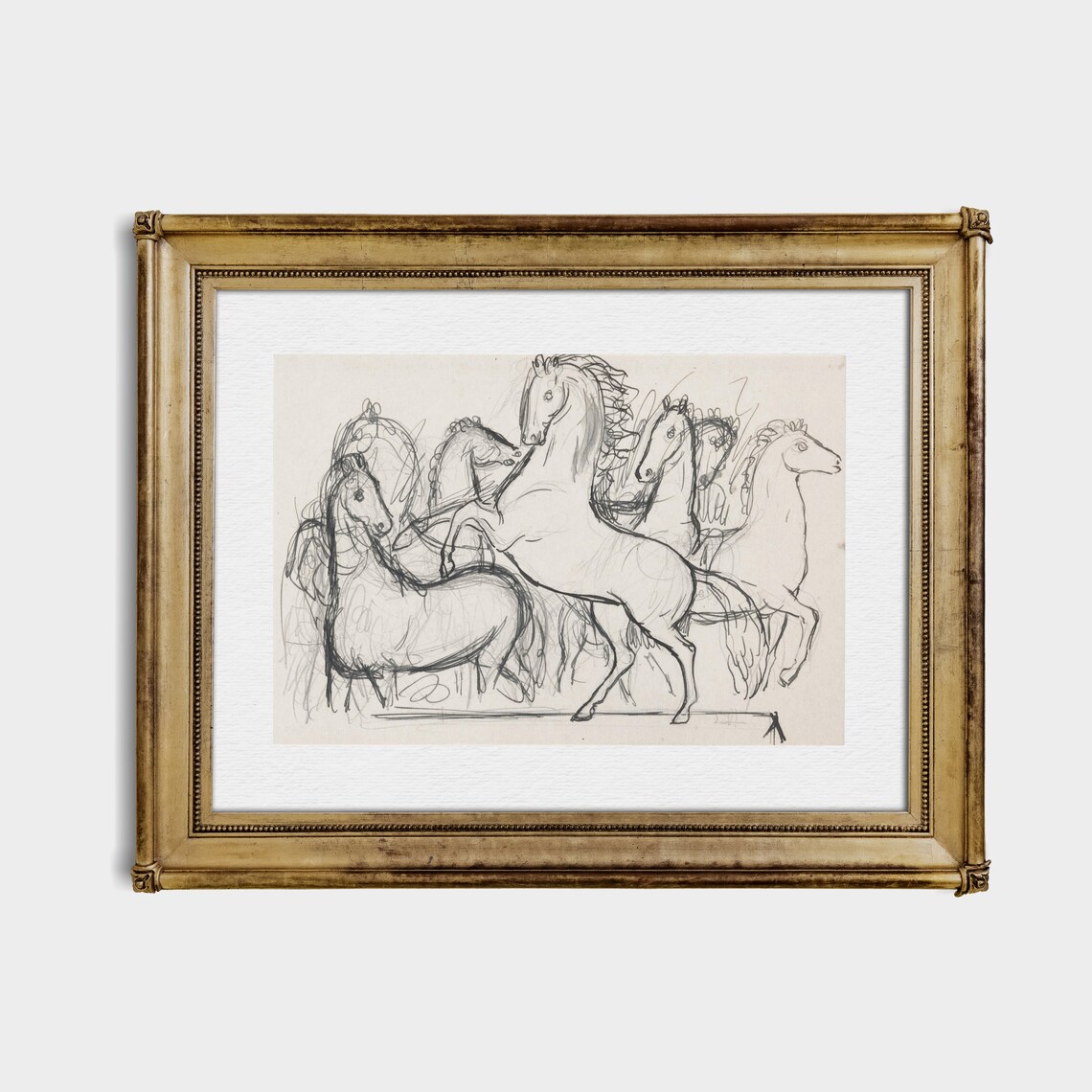Rearing Stallion Herd Pencil Sketch Vintage Horse Study Poster - Image 3
