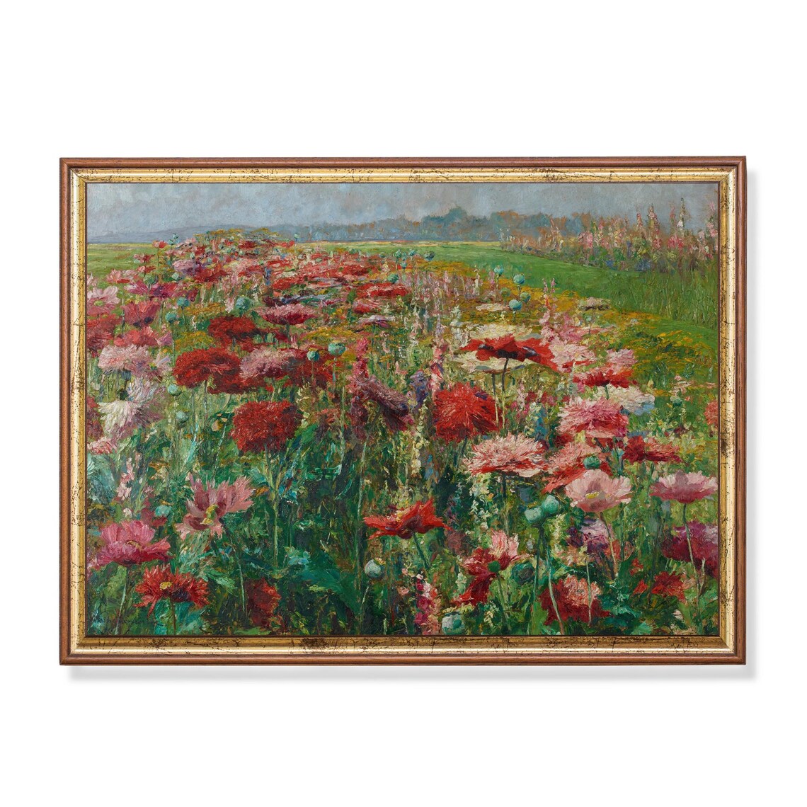 Red Pink Poppy Field Impressionist Vintage Floral Landscape Poster