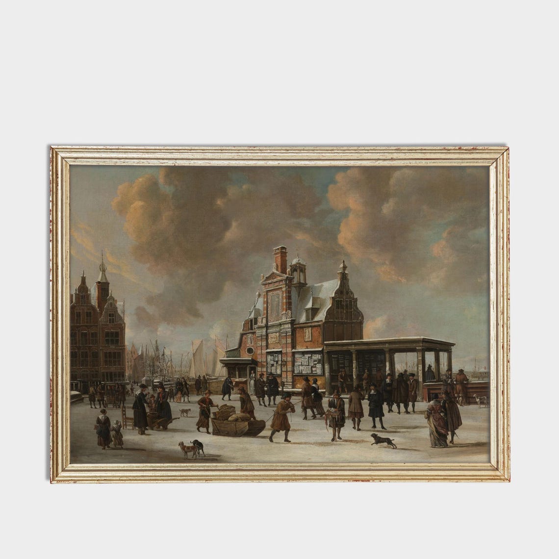 Antique Dutch Winter Square Market Scene Painting Fine Art Poster - Image 3