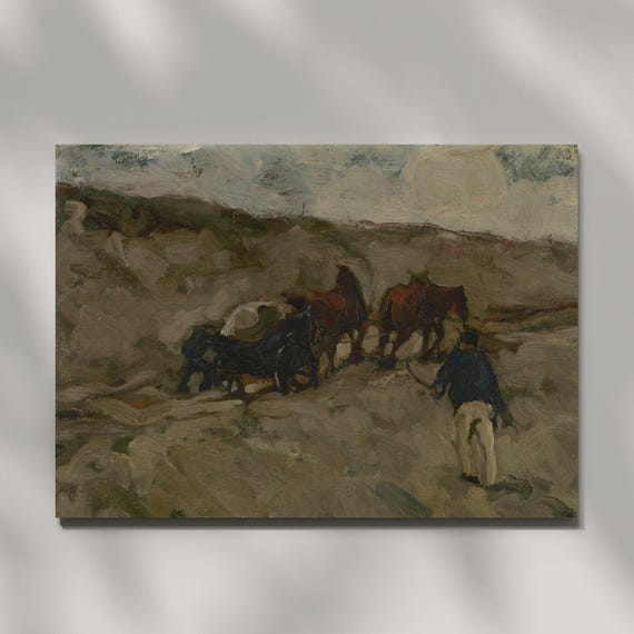 Vintage Horse And Carriage Print Moody Landscape Wall Art Rustic Countryside Painting Dark Academia Decor Antique Artwork Print Only