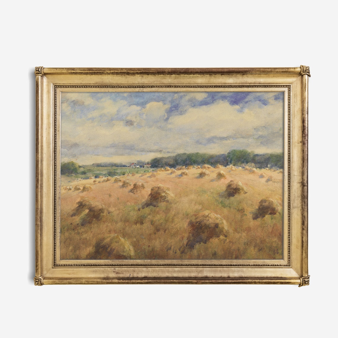 Haystacks in Golden Wheat Field under Cloudy Sky Vintage Farm Poster - Image 3