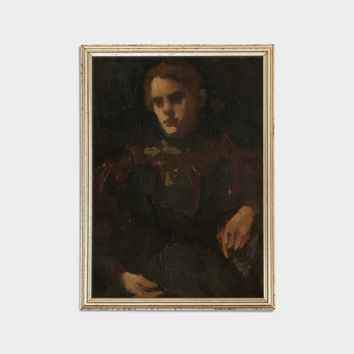 Moody Dark Portrait of a Woman Vintage Oil Painting Wall Art - Image 2