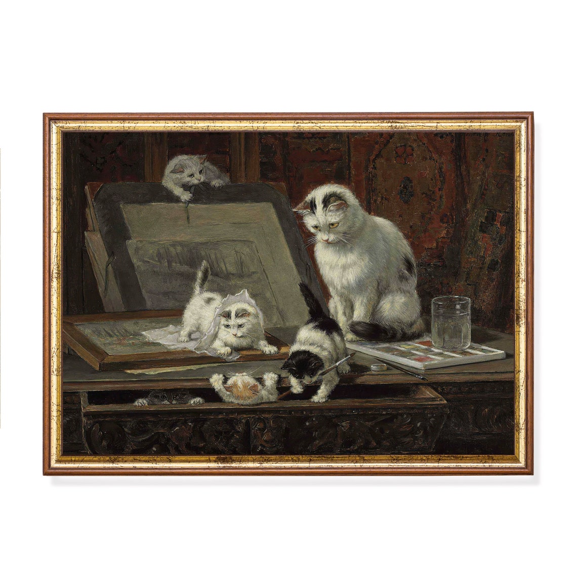 Mailed Print Vintage Cat Painting Kittens Art Lesson Antique Artwork Moody Rustic Art Cat Lover Gift Printed And Shipped