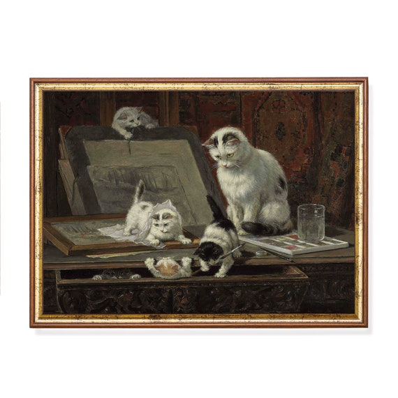 Mailed Print Vintage Cat Painting Kittens Art Lesson Antique Artwork Moody Rustic Art Cat Lover Gift Printed And Shipped