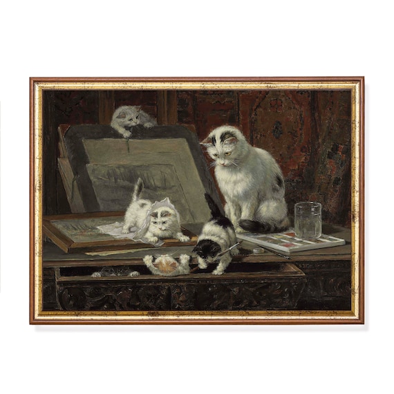 Playful Kittens Climbing on an Artist's Easel Vintage Cat Painting Poster