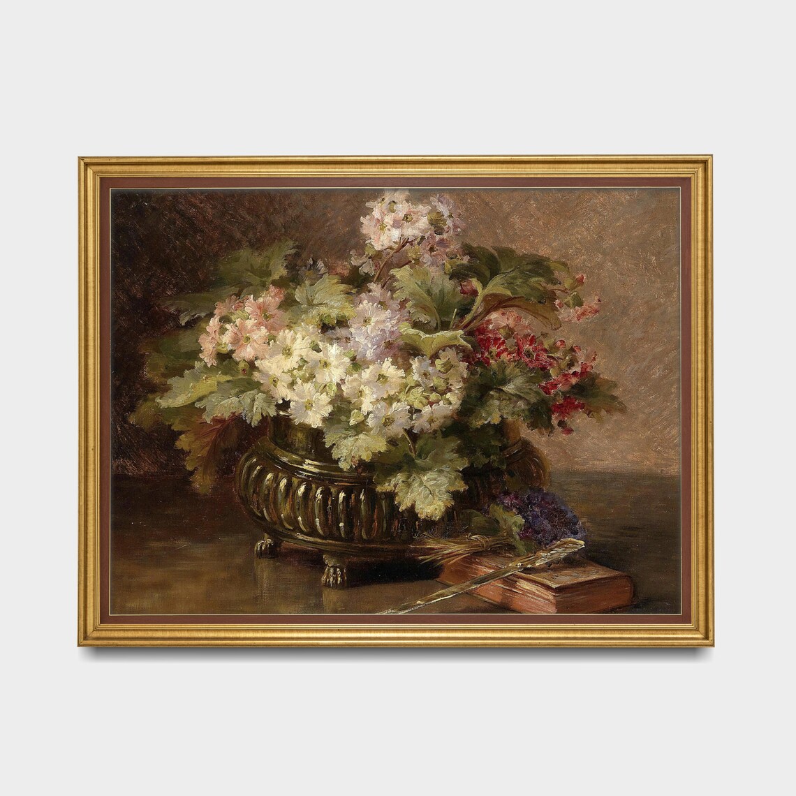Primroses in Brass Jardiniere Antique Books Vintage Floral Art Poster - Image 4