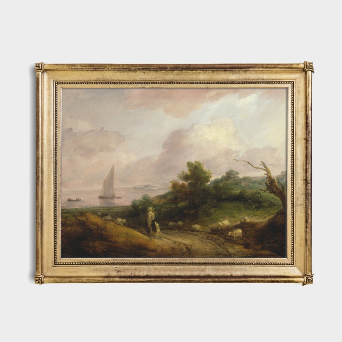 Shepherd with Sheep Flock on a Coastal Hillside with Sailboat Poster - Image 2