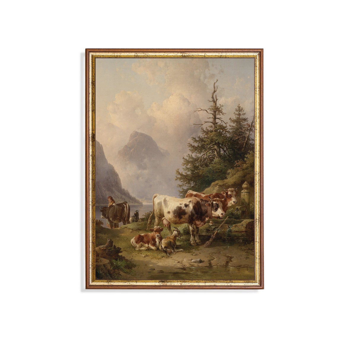 Herd of Cattle with Shepherdess by a Mountain Lakeshore Poster