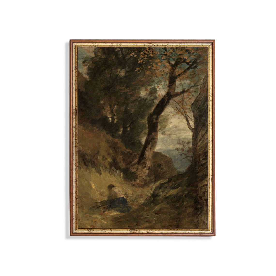 Lone Wood Gatherer in a Dark Shadowy Deep Forest Ravine Poster