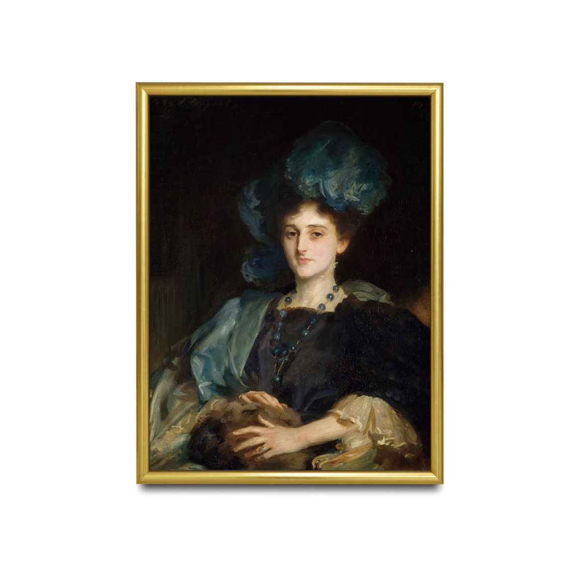 Lady in Black with Turquoise Hat and Beaded Necklace Vintage Poster