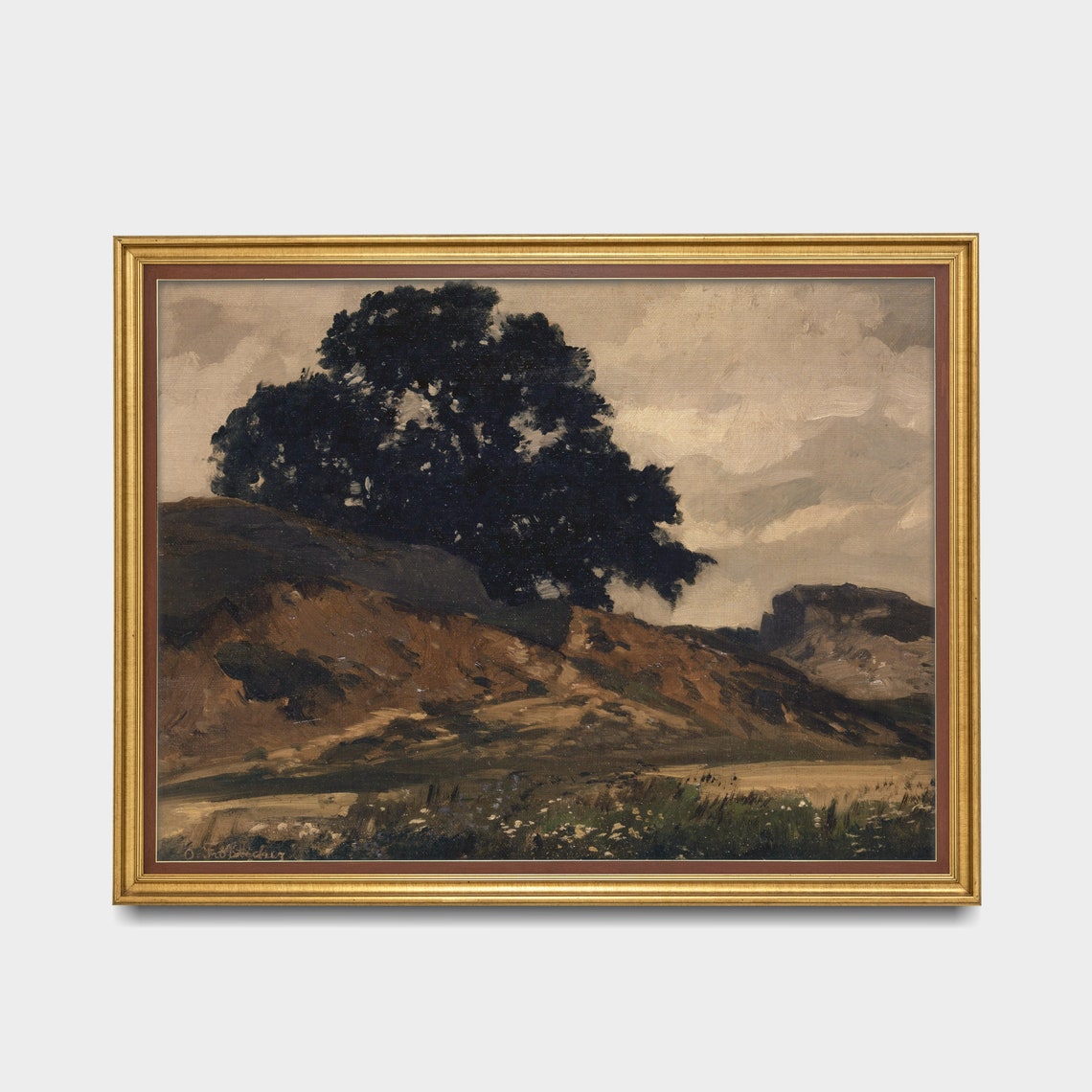 Dark Tree Silhouette on Rocky Hill Moody Vintage Landscape Poster - Image 3
