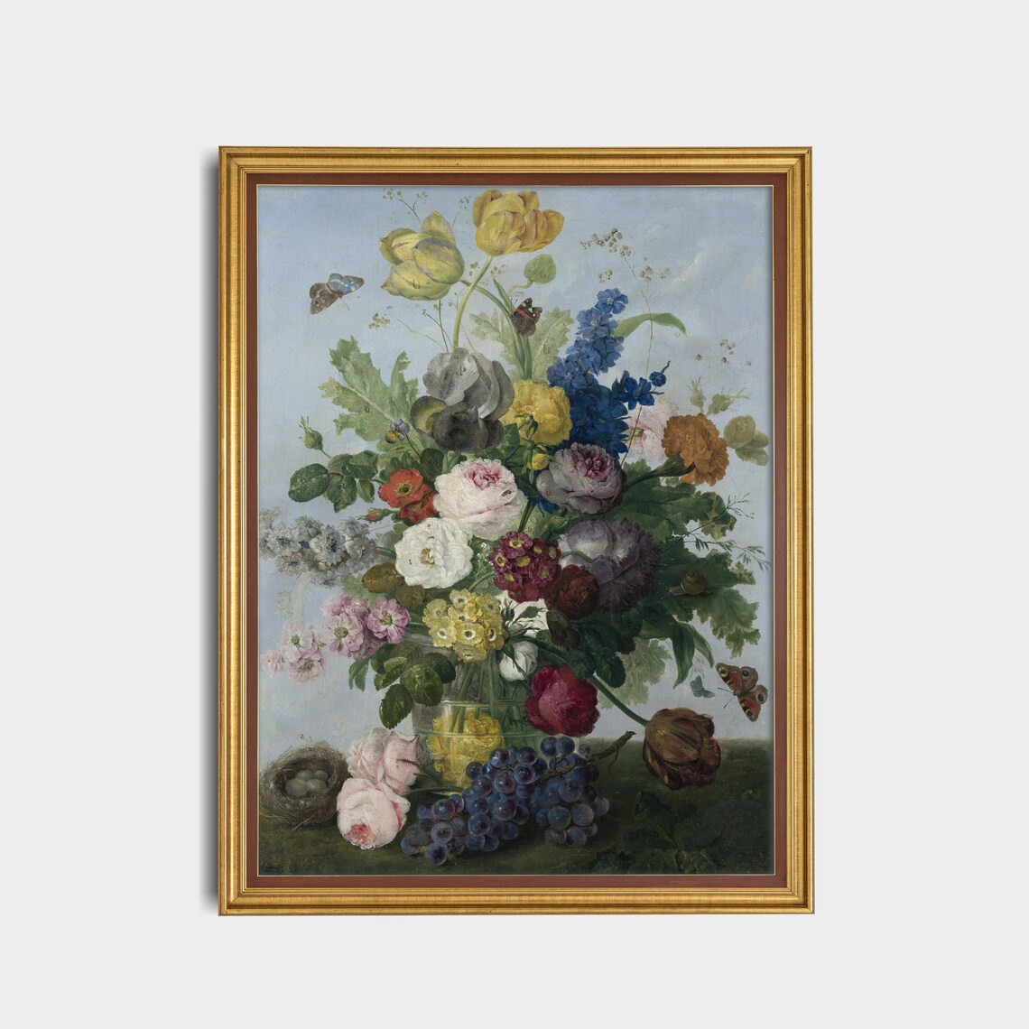 Vintage Dutch Floral Bouquet Still Life With Grapes and Birds Poster - Image 2