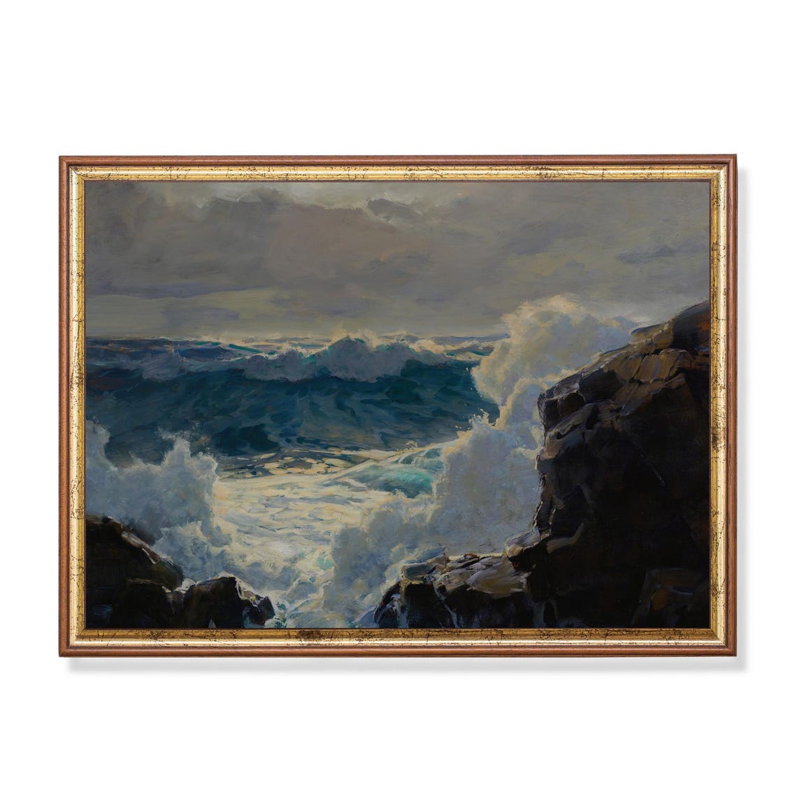Moonlit Ocean Waves Crashing Against Tall Black Cliffs Poster