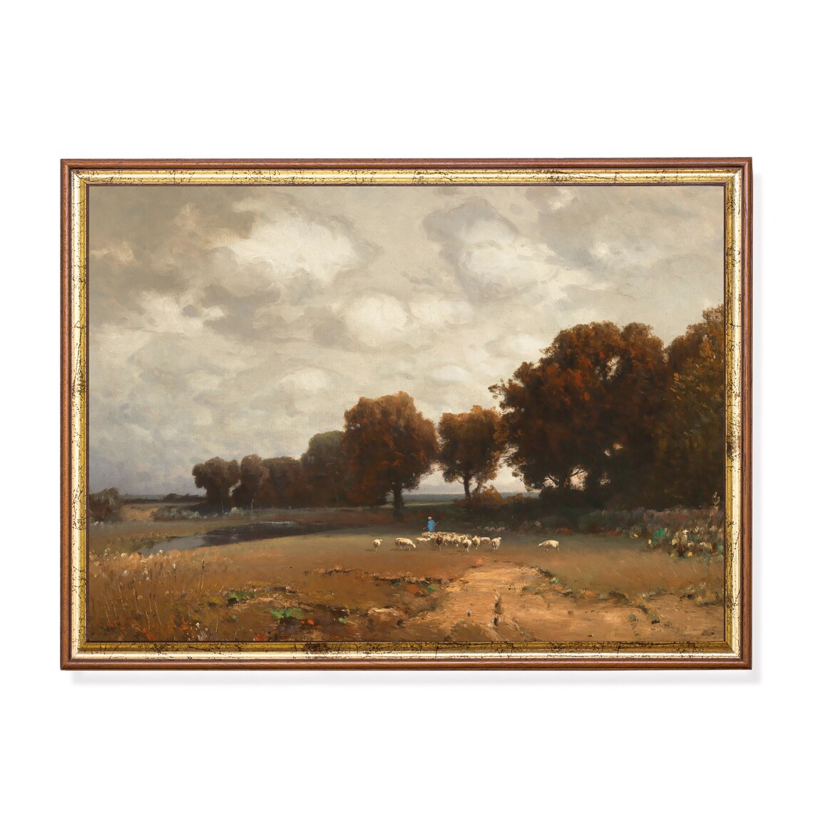 Antique Sheep Flock with Shepherd in a Country Field Vintage Poster