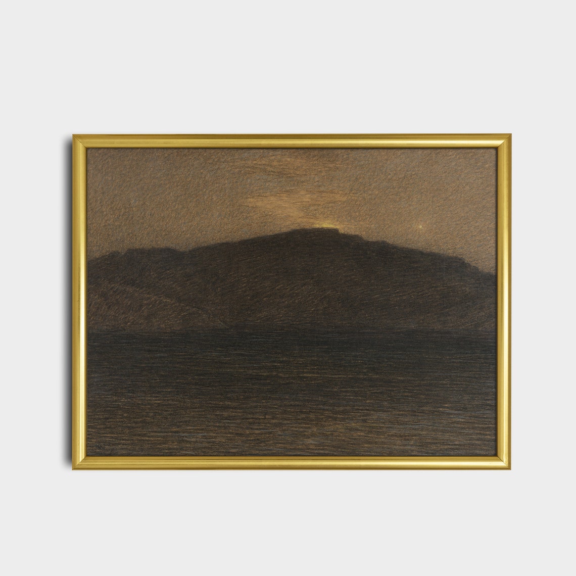 Dark Mountain Ridge Over Water at Night Antique Charcoal Study Poster - Image 2