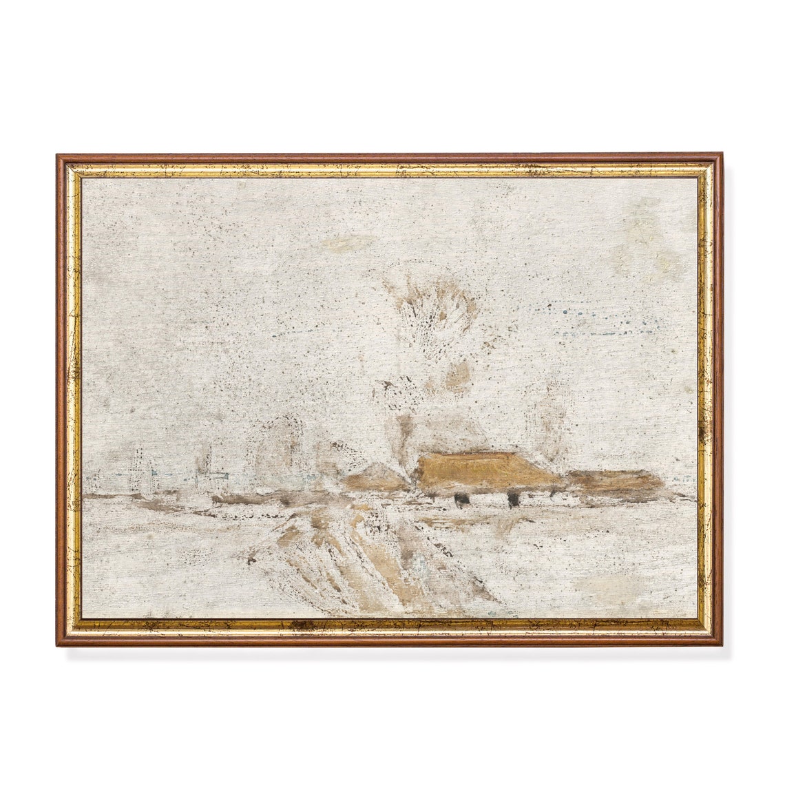 Minimal Muted Landscape With a Thatched Cottage Antique Poster