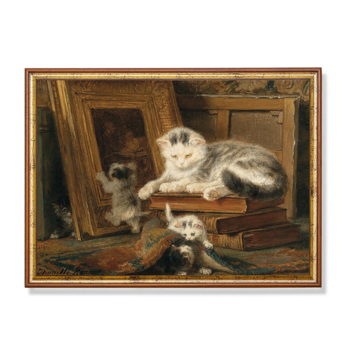 Mother Cat and Kittens Playing with Books and a Frame Poster