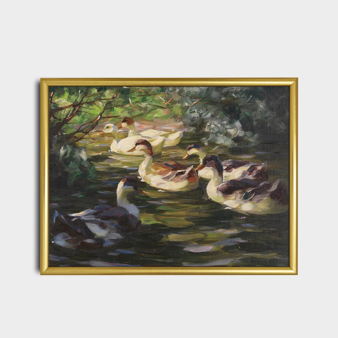 Six Ducks Swimming Pond Impressionist Vintage Bird Wildlife Art Poster - Image 2
