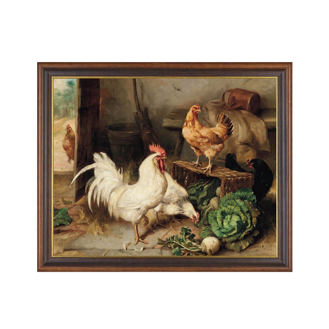 Rooster And Hens In Barnyard Vintage Farm Chicken Painting Poster