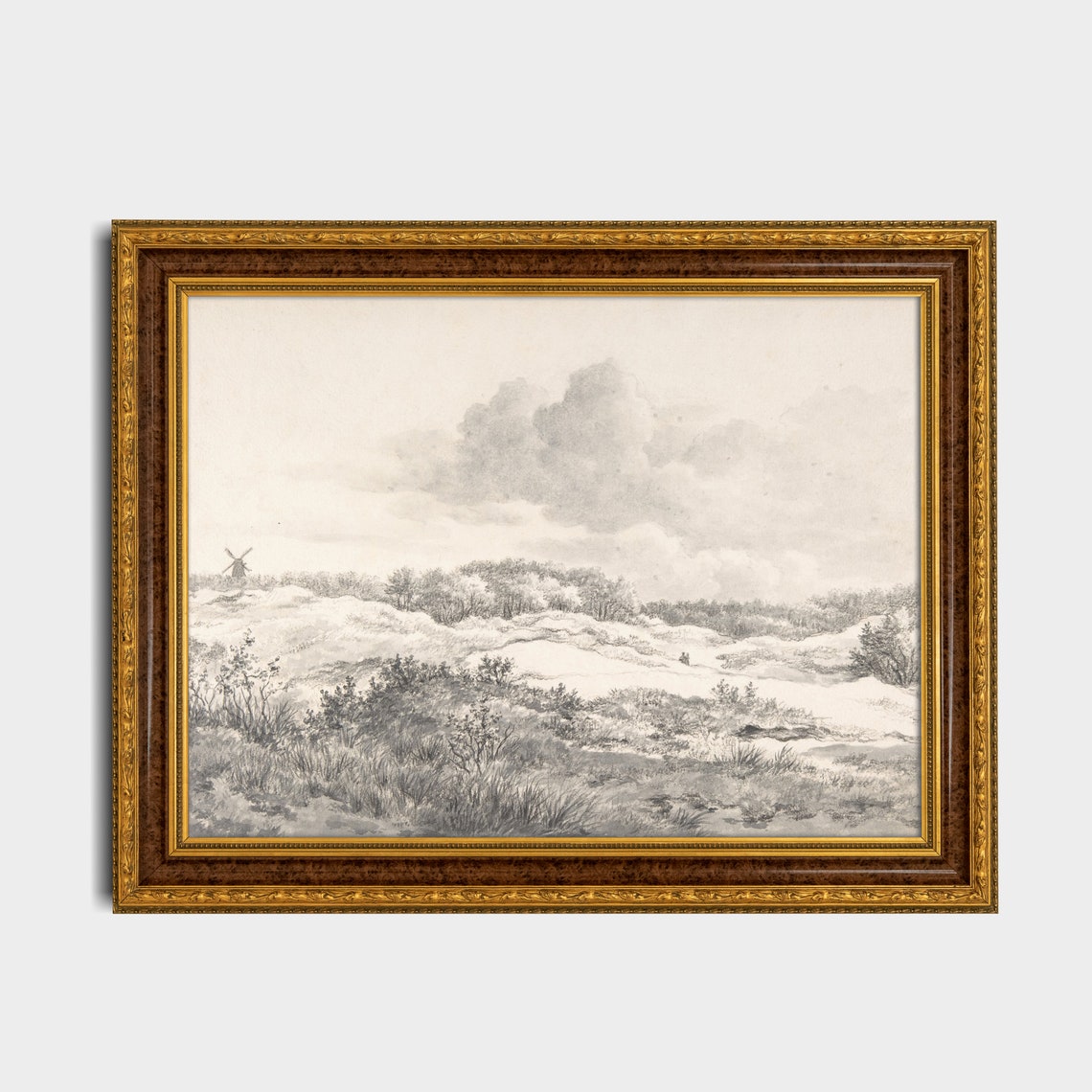 Dune Landscape with Windmill Pencil Sketch Antique Drawing Art Poster - Image 2