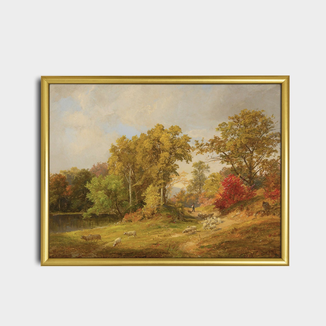 Autumn Lake Landscape With a Shepherd and His Sheep Flock Poster - Image 2