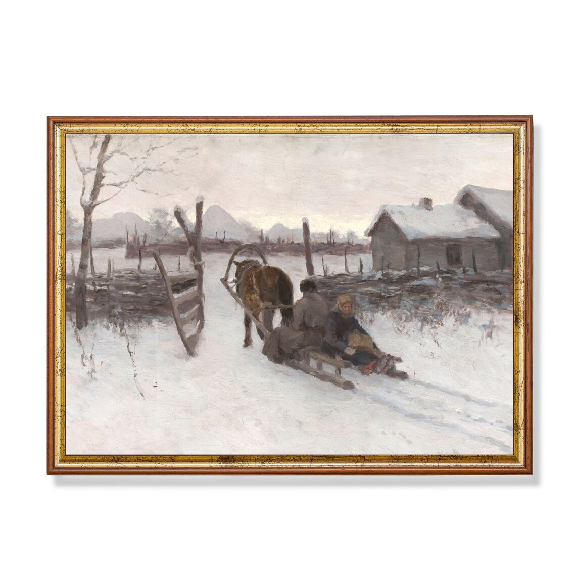 Horse Drawn Sled Passing A Snowy Village At Dusk Vintage Winter Poster