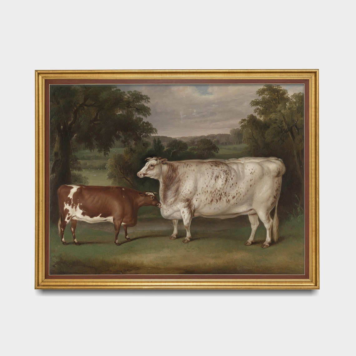 Pastoral Scene with Two Cows in a Green Meadow Vintage Oil Poster - Image 3